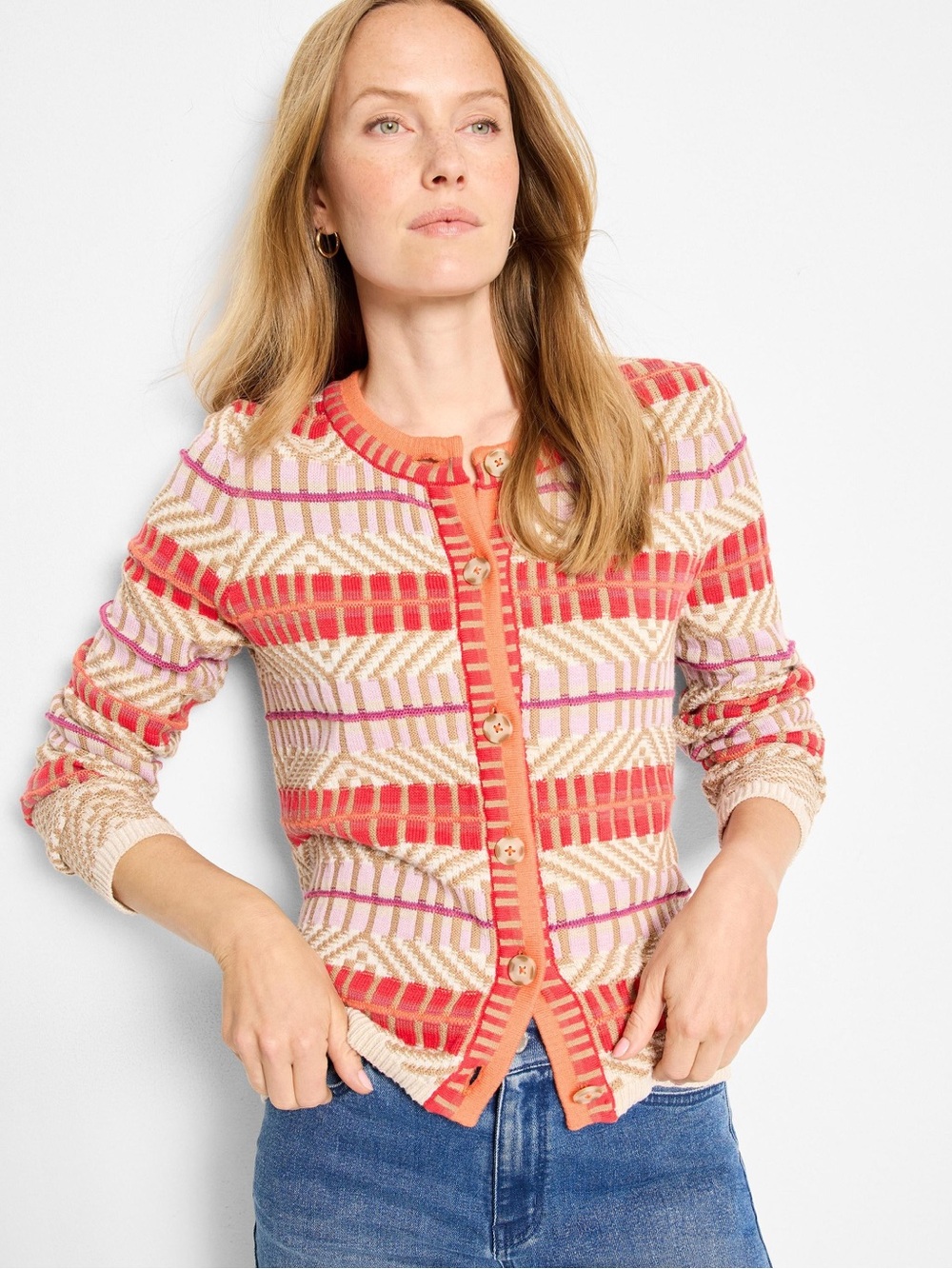 NIC+ZOE Womens Small Geometric Fair Isle Knit Button Cardigan Sweater Boho